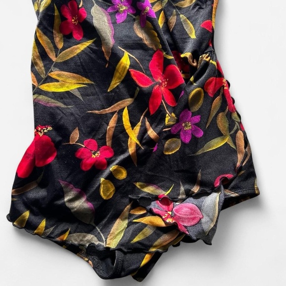 Vintage black 80s floral tropical ruffle skirt one piece swimsuit size 14 Large - Picture 7 of 8